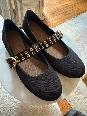 Rothy's Black Mary Jane Flats with Gold Grommet Strap